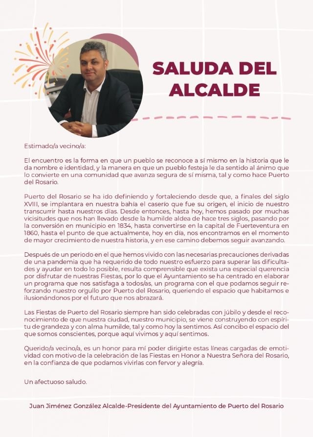 FELICITACIÓN ALCALDE JUAN JIMÉNEZ POR LAS FIESTAS PTO. SALUDA LIBRETO