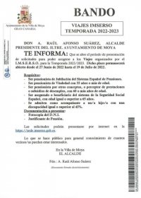 El Ayuntamiento de la Villa de Moya informa que el plazo de presentaci&oacute;n de solicitudes para los viajes del IMSERSO estar&aacute; abierto hasta el 19 de julio.