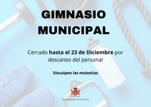 Artenara: El Gimnasio permanecerá cerrado a partir de hoy hasta el próximo 23 de diciembre