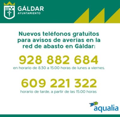 Aqualia recuerda los n&uacute;meros de tel&eacute;fonos para avisos de aver&iacute;as en G&aacute;ldar