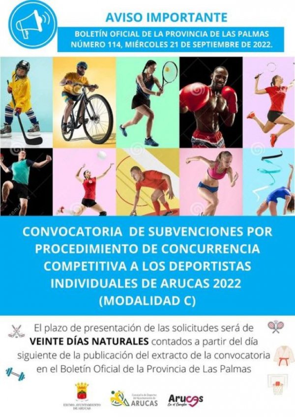 Arucas publica la convocatoria de subvenciones de concurrencia competitiva para deportistas individuales