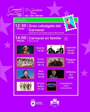 Carnaval en Familia este s&aacute;bado en Gu&iacute;a con una Gran Cabalgata, m&aacute;s de doce horas de m&uacute;sica y la actuaci&oacute;n estelar del Grupo Extra