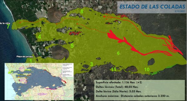 El flujo principal lávico discurre por zona central sobre superficie ya afectada y reduce su aporte a la colada 8