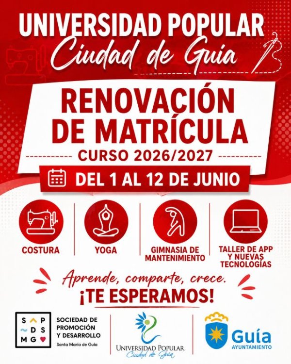 La Universidad Popular Ciudad de Gu&iacute;a abre la renovaci&oacute;n de matr&iacute;cula del 1 al 12 de junio