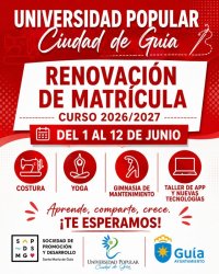 La Universidad Popular Ciudad de Gu&iacute;a abre la renovaci&oacute;n de matr&iacute;cula del 1 al 12 de junio