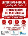 La Universidad Popular Ciudad de Gu&iacute;a abre la renovaci&oacute;n de matr&iacute;cula del 1 al 12 de junio