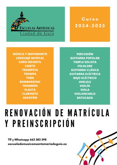 Las Escuelas Art&iacute;sticas Ciudad de Gu&iacute;a abren este jueves el plazo de renovaci&oacute;n de matr&iacute;cula para el curso 2024/2025 con la novedad del Ensamble Percusivo