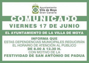 El Ayuntamiento de la Villa de Moya informa que las dependencias municipales reducir&aacute;n su horario ma&ntilde;ana viernes