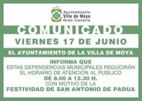 El Ayuntamiento de la Villa de Moya informa que las dependencias municipales reducir&aacute;n su horario ma&ntilde;ana viernes