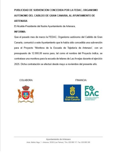 Publicidad de Subvención por la Fedac, concedida al Ayuntamiento de Artenara