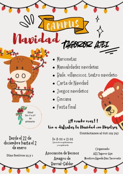 G&aacute;ldar: AES Tagoror Ajei organiza un Campus de Navidad en la Asociaci&oacute;n de Vecinos Amagro de Barrial, desde el 22 de diciembre hasta el 2 de enero