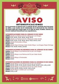 El Ayuntamiento de la Villa de Moya informa que Global intensificar&aacute; sus servicios con motivo de la romer&iacute;a de San Antonio de Padua