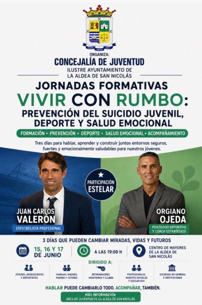 La Aldea de San Nicol&aacute;s organiza las I Jornadas &ldquo;Vivir con Rumbo&rdquo; sobre prevenci&oacute;n del suicidio juvenil, deporte y salud mental