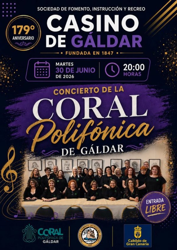 La Coral Polif&oacute;nica de G&aacute;ldar ofrecer&aacute; un concierto con motivo del 179&ordm; aniversario del Casino de G&aacute;ldar