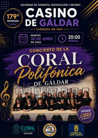 La Coral Polif&oacute;nica de G&aacute;ldar ofrecer&aacute; un concierto con motivo del 179&ordm; aniversario del Casino de G&aacute;ldar