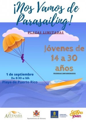 Parasailing, actividad gratuita, dirigida para personas de entre 14 y 30 a&ntilde;os, empadronados en Artenara