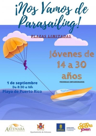 Parasailing, actividad gratuita, dirigida para personas de entre 14 y 30 años, empadronados en Artenara