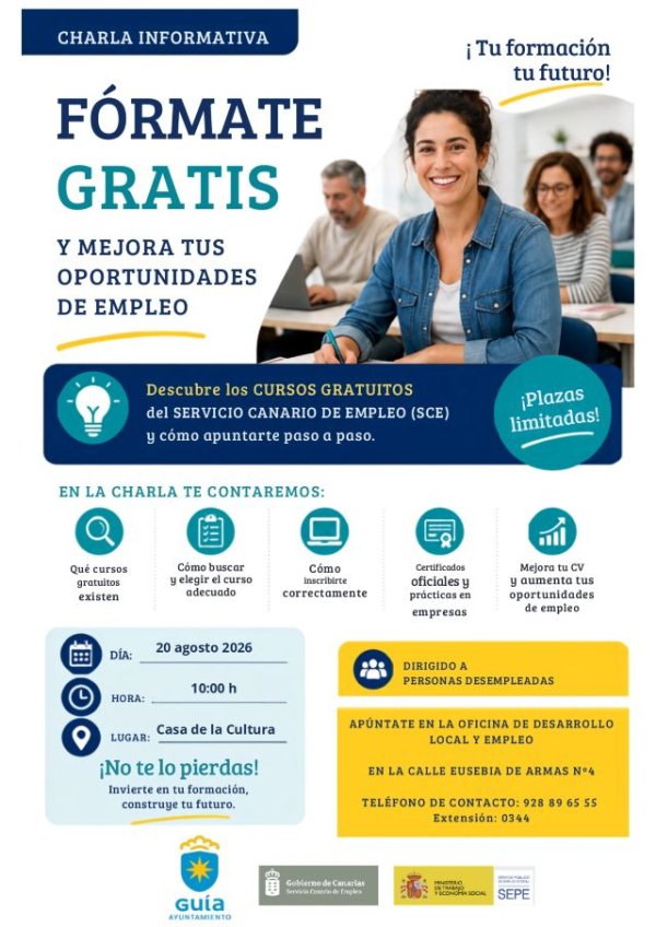 El Ayuntamiento de Gu&iacute;a organiza una sesi&oacute;n pr&aacute;ctica para orientar a las personas desempleadas sobre cursos gratuitos, certificados y pr&aacute;cticas en empresas