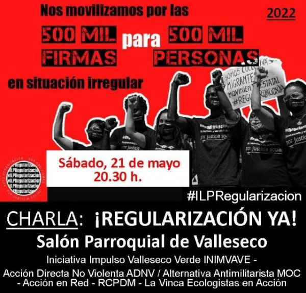 El sábado 21 de mayo, a las 20.30 horas, tendrá lugar en Valleseco una charla sobre la ILP “Regularización Ya”