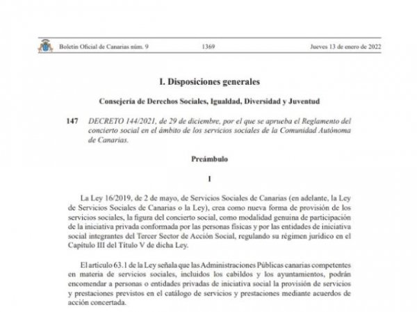 Entra en vigor el reglamento que regula el Concierto Social de los Servicios Sociales en el Archipiélago