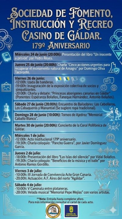 El Casino de G&aacute;ldar celebra su 179&ordm; Aniversario con un amplio programa cultural, social y deportivo