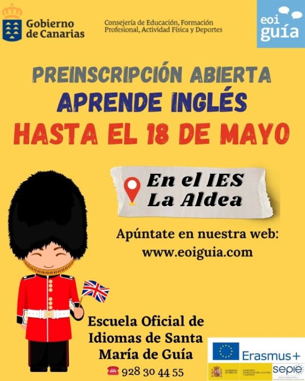 La Escuela Oficial de Idiomas de Santa Mar&iacute;a de Gu&iacute;a abre el plazo de preinscripci&oacute;n para estudiar ingl&eacute;s en La Aldea en el curso 2026-2027