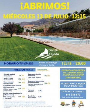 Tejeda: La Piscina Municipal se abre desde el miércoles 13 de Julio desde las 12:15 horas