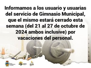 Tejeda: Cierre del Servicio Gimnasio Municipal por vacaciones del personal