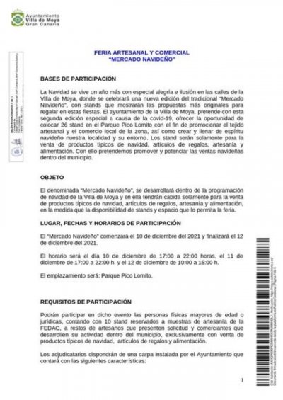 Villa de Moya: Las solicitudes para participar en el Mercadillo Navideño abrirá este lunes 15 y hasta el día 30