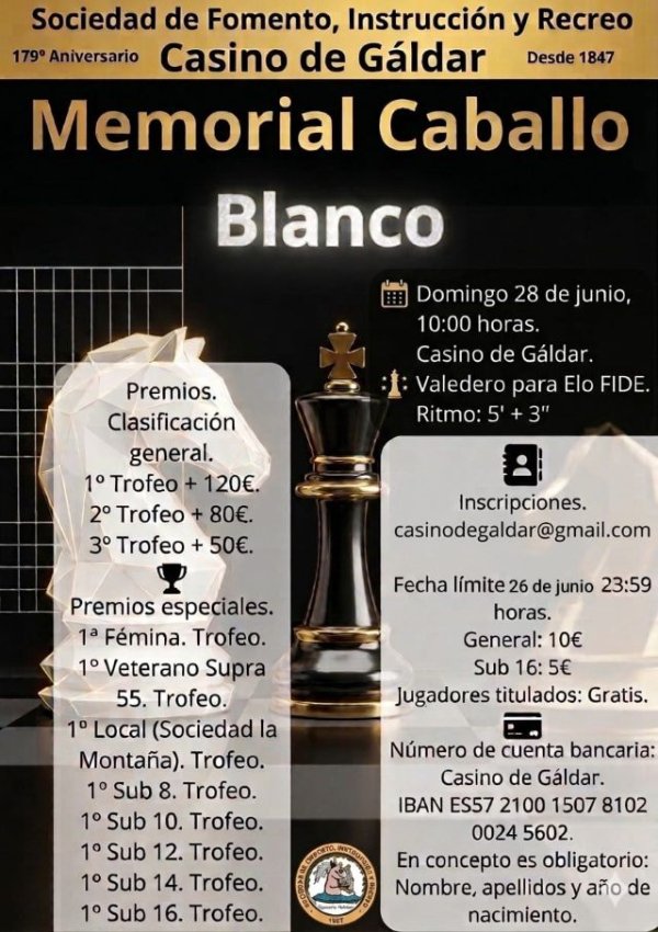 El Casino de G&aacute;ldar celebra el &ldquo;Memorial Caballo Blanco&rdquo; de ajedrez el pr&oacute;ximo 28 de junio