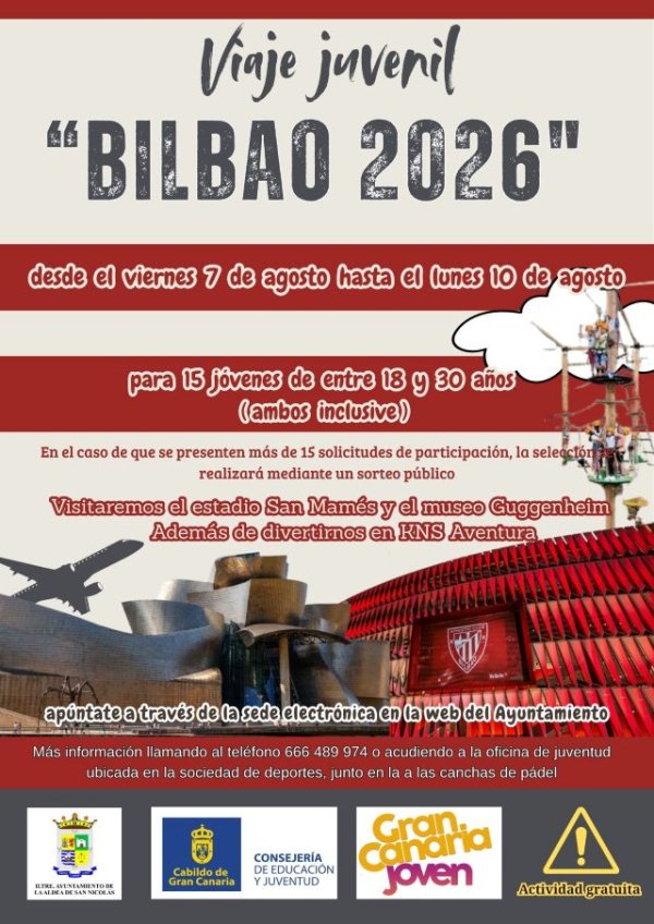 El Ayuntamiento de La Aldea de San Nicol&aacute;s impulsa el ocio juvenil con un viaje cultural y deportivo a Bilbao