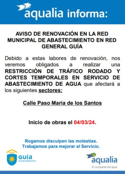 Guía: Aqualia informa del corte temporal de suministro de agua en Paso María de Los Santos a partir del lunes