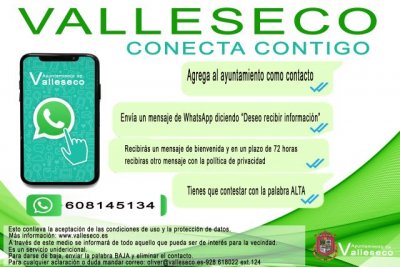 El Ayuntamiento de Valleseco lanza un servicio de información a la vecindad a través del WhatsApp