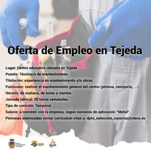 Oferta de Empleo en Tejeda, como Técnico/a de mantenimiento, en el Centro educativo ubicado en Tejeda