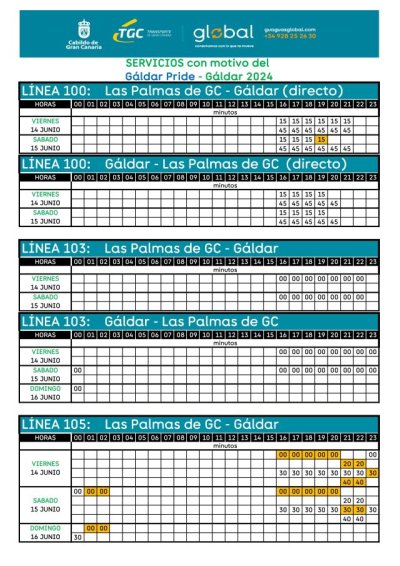 El G&aacute;ldar Pride contar&aacute; con refuerzo de guaguas el viernes 14 y el s&aacute;bado 15 de junio