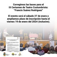 Tejeda: Corregimos las bases para el IX Certamen de Teatro Costumbrista: &ldquo;Francis Su&aacute;rez Rodr&iacute;guez&rdquo;