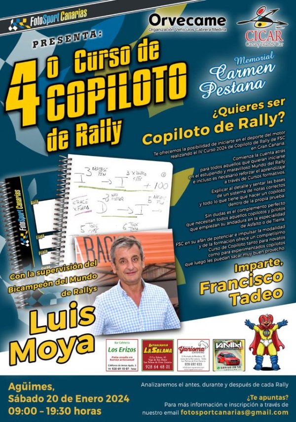 Automovilismo: Cartel anunciador del 4º Curso de Copiloto de Rally de FSC en Cicar en Agüimes, de Gran Canaria 2024.