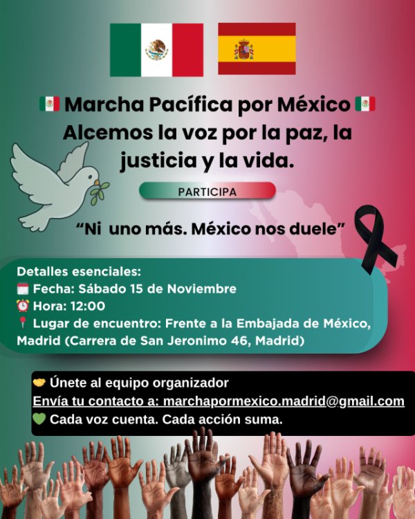 Mexicanos en Europa convocan protesta frente a la Embajada de México en Madrid por la grave crisis de desapariciones y violencia en el país