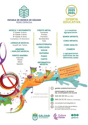 G&aacute;ldar: Abierto los plazos de renovaci&oacute;n e inscripci&oacute;n de nuevos alumnos para el curso 2023/24 en la Escuela Municipal de M&uacute;sica