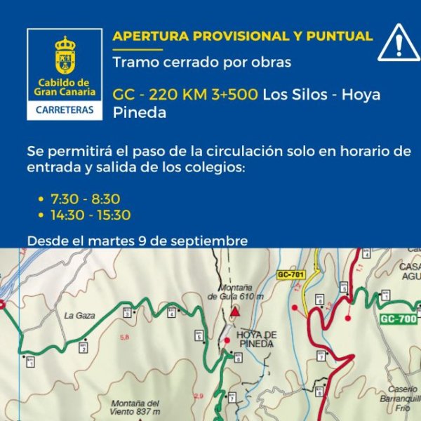 Gáldar: Habilitado el paso temporal en la GC-220 a partir del martes por el inicio del curso escolar