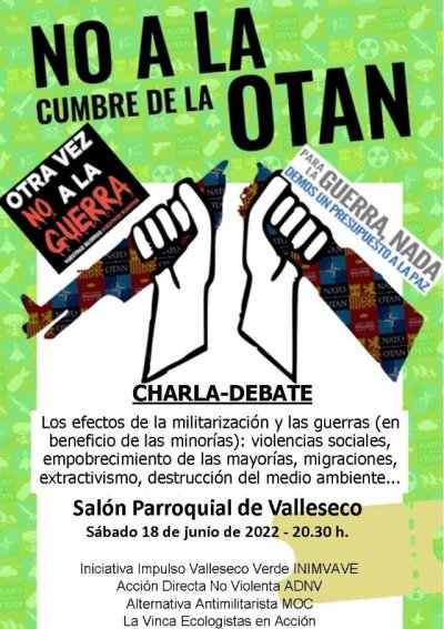 El s&aacute;bado 18 de junio tendr&aacute; lugar en Valleseco una Charla-Debate sobre &ldquo;No a la cumbre de la Otan&rdquo;
